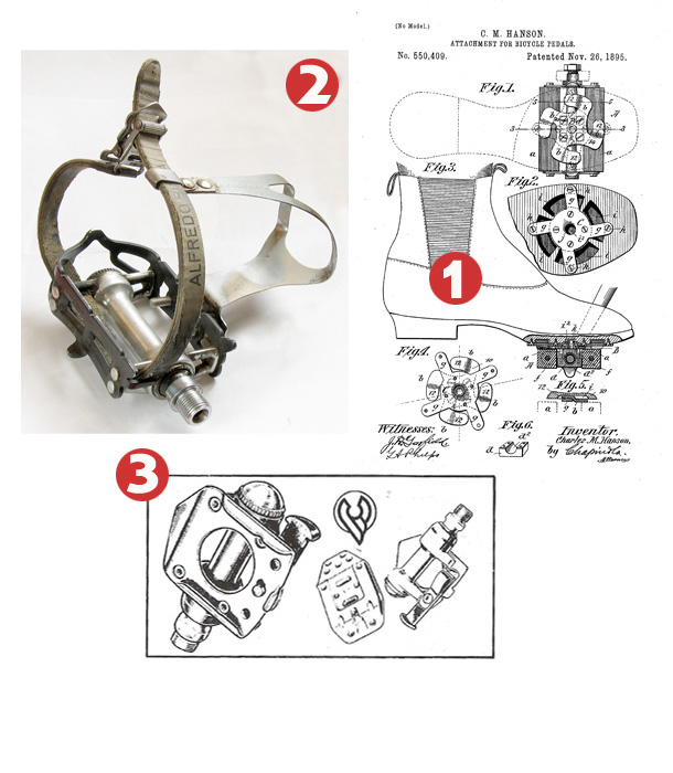 בתמונה: 1 - עמוד הפטנט של הנסון, 2 - דוושת רצועות, 3 - m71 של חברת Cinelli.