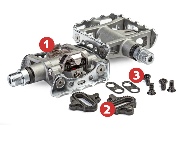 בתמונה: 1 - תושבת החיבור על הדוושה, 2 - קליטים, 3 - ברגים לחיבור הקליט לנעל.