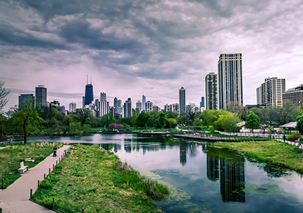 פארק ירוק ובניינים בעיר. Photo by Nancy Bourque