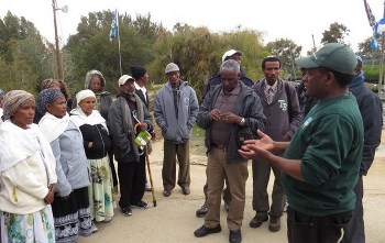 אמרה מסביר לעולים חדשים מאתיופיה על המשתלה. צילום: יואב דביר