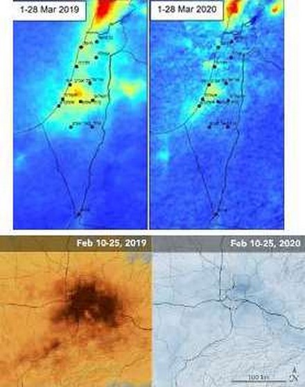 למעלה: זיהום האוויר בישראל במרס 2019 (משמאל), לעומת מרס 2020 (המשרד להגנת הסביבה)