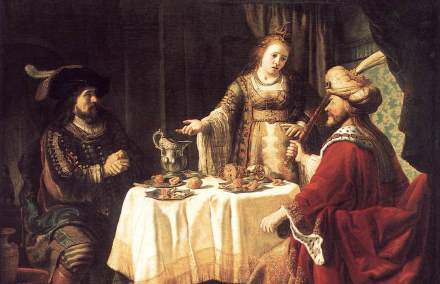 אסתר חושפת בפני אחשוורוש את מזימתו של המן. ציור של יאן ויקטורס, ויקימדיה