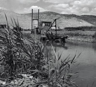 החולה – שנות ה-50: ניקוז ביצות החולה בעזרת המחפר הצף. צילום: ארכיון הצילומים של קקל