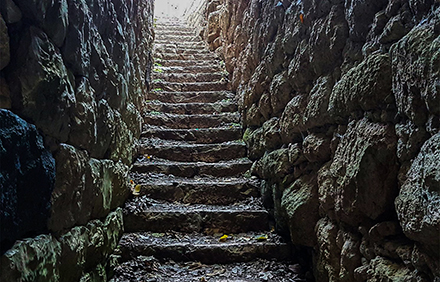 המדרגות העתיקות שיורדות אל המעיין. צילום: יעקב שקולניק