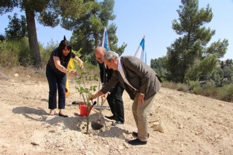 אנדרה קופר (במרכז) נוטע את עץ החרוב. צילום: ארכיון הצילומים של קק"ל