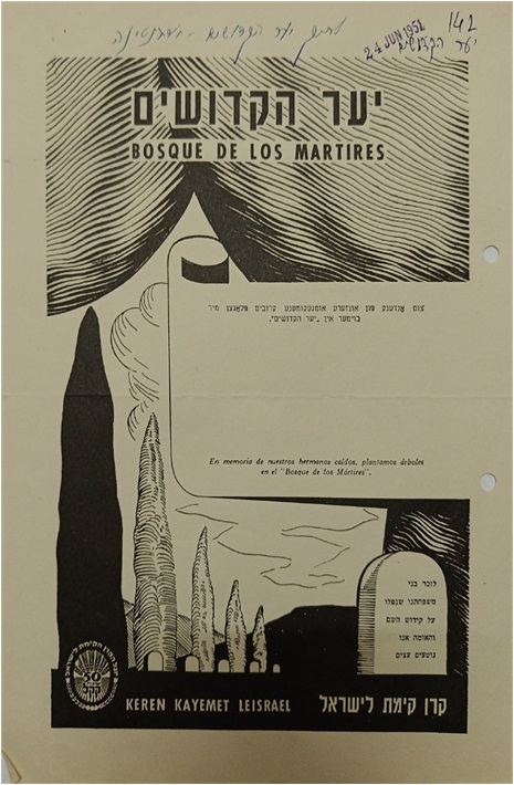 כרזה עבור יער הקדושים בעברית, ספרדים ויידיש. הוצאת קק"ל ארגנטינה 1951. מתוך תיקי קק"ל ההיסטוריים בארכיון הציוני המרכזי