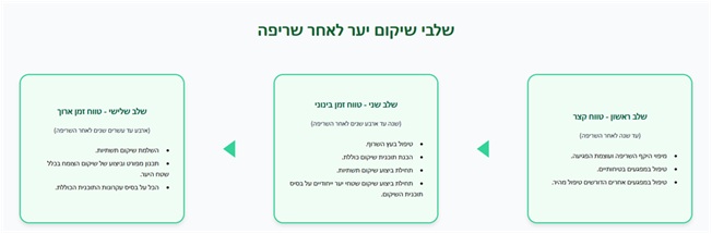 איור 3. סדר שלבי הפעולה בתהליך שיקום היער לאחר שריפות. מתוך מסמך מדיניות והנחיות למניעת שריפות ושיקום לאחר שריפה, מרץ 2025.