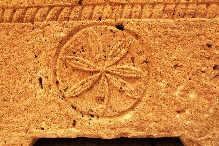 גן ארכיאולוגי פארק עדולם. עיטור רוזטה על גלוסקמה. צילום: יעקב שקולניק