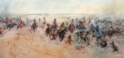 הסתערות החטיבה הרכובה ה-5 על הוג". ציור מאת ליידי באלטר