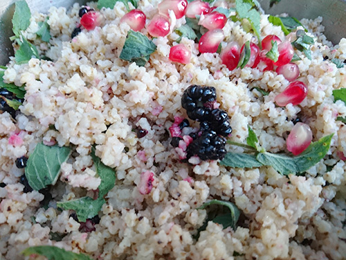 סלט דוחן עם נענה, פירות קיץ ורימונים לסוף הקיץ